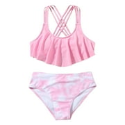 BOBOGOJP Girl's 2 Piece High Waisted Spaghetti Strap Cute Swimsuit Bathing Suit Solid Bikini Sets Pink for 9-10 Years